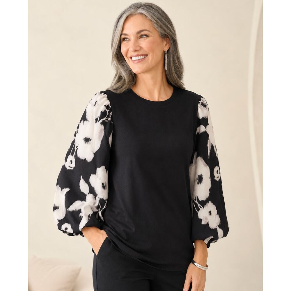 Chico’s Large Black Knit Top Floral Puff Sleeve 3/4 Elastic Top
